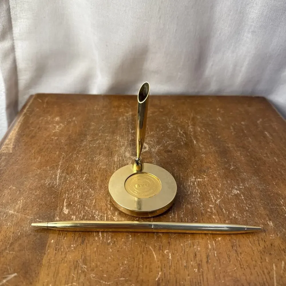 BYU Gold Plated‎ Desk Set Ballpoint Pen Stand Collector Office Alumni Gift Decor
